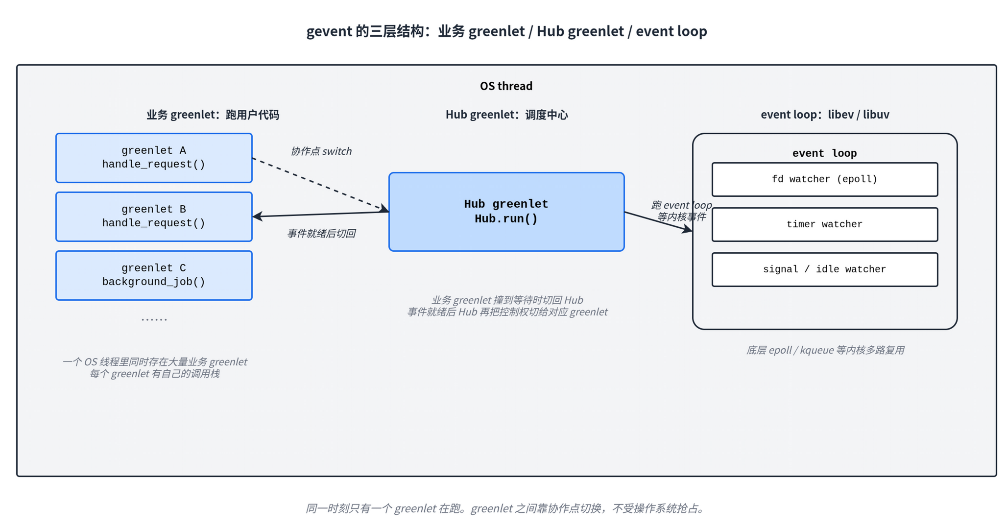 业务 greenlet 跑用户代码，Hub greenlet 是调度中心，event loop 负责等 fd、timer、signal
