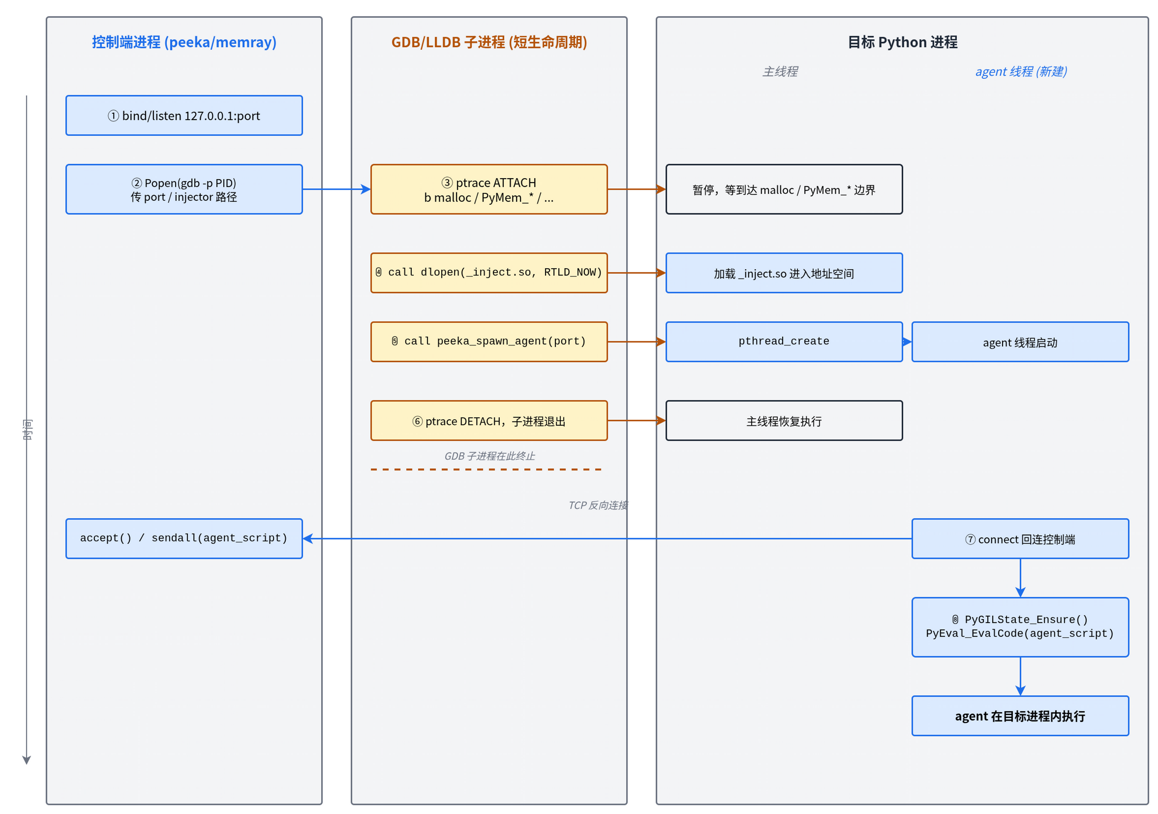 第二代方案三个进程的时序：GDB/LLDB 子进程在 detach 后退出，控制端和目标进程里的 agent 线程通过 TCP 反向连接完成脚本传输